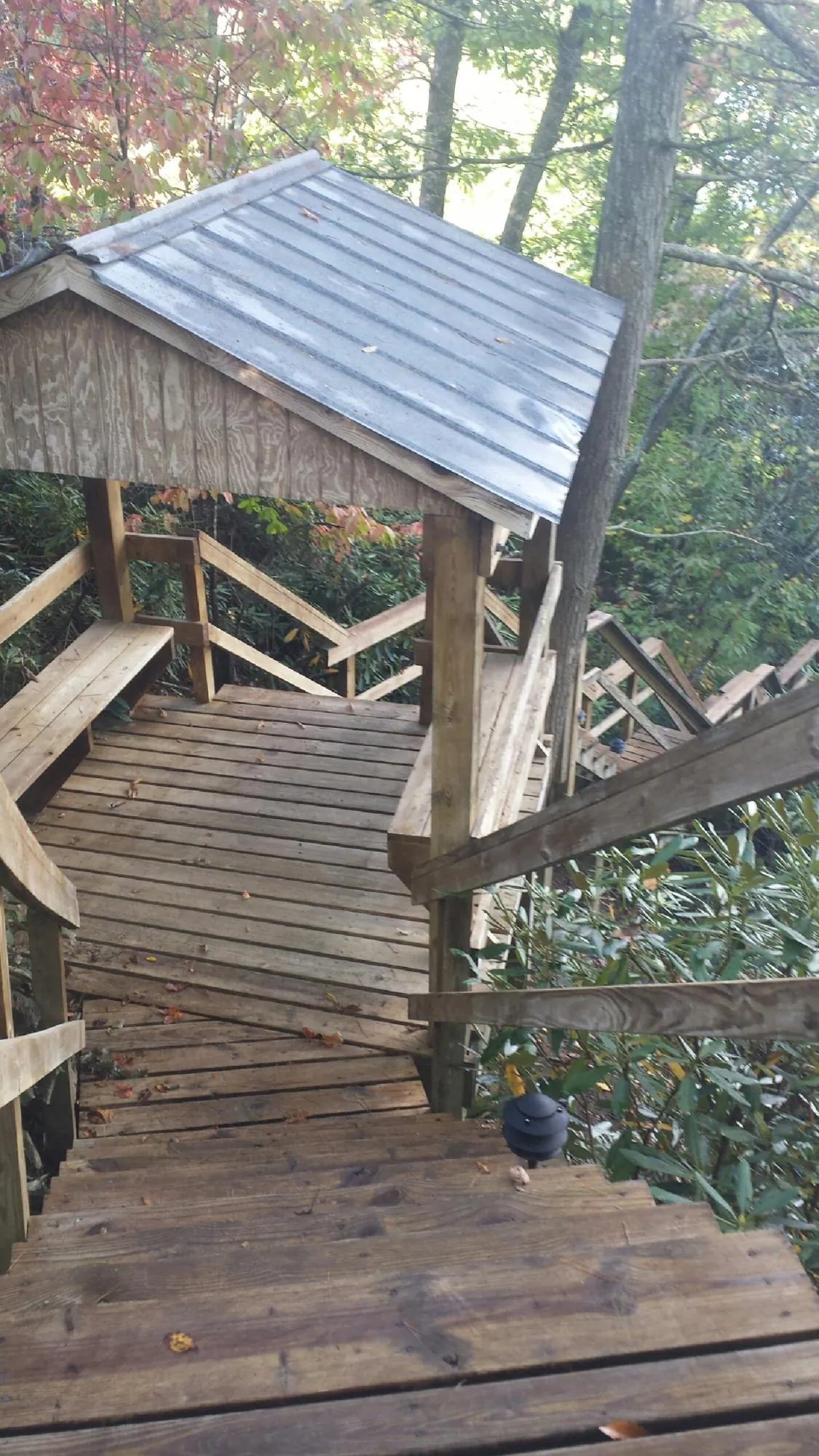 Metal roofed shelter over wooden steps on a wooded walkway — Skylight Repair & Installation work by our crew in Armuchee
